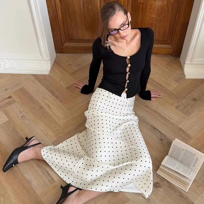 Polka Satin Midi Skirt